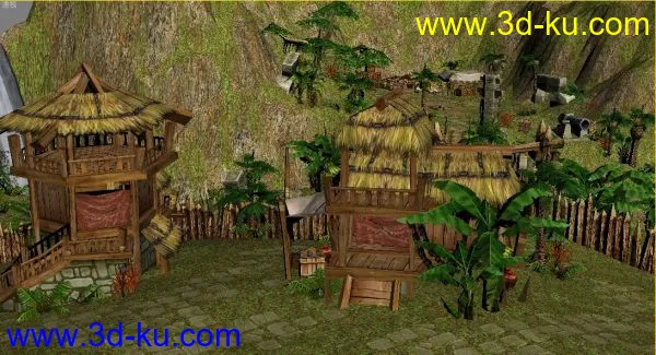 游戏低模天龙八部的一个海边场景模型，树，船，茅草屋，比较有特色的场景的图片1