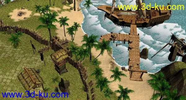 游戏低模天龙八部的一个海边场景模型，树，船，茅草屋，比较有特色的场景的图片2