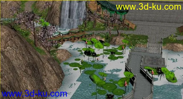 游戏低模天龙八部的峨眉派场景模型，山，花草树木，瀑布，桥，比较有特色的场景的图片1