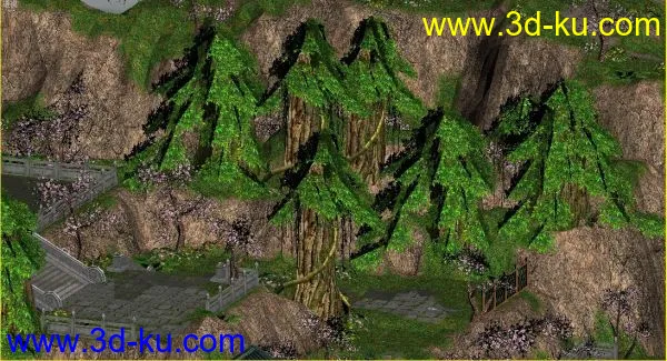 游戏低模天龙八部的峨眉派场景模型，山，花草树木，瀑布，桥，比较有特色的场景的图片3