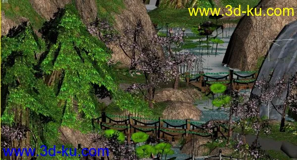 游戏低模天龙八部的峨眉派场景模型，山，花草树木，瀑布，桥，比较有特色的场景的图片4