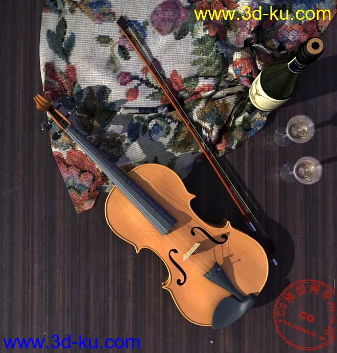 原创小提琴（精模带场景灯光材质）模型的图片1
