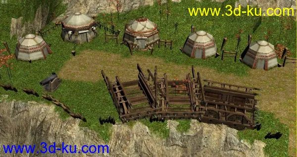 游戏低模天龙八部的蒙古场景模型，山，河，蒙古包，战车，瞭望台，比较有特色的场景的图片1