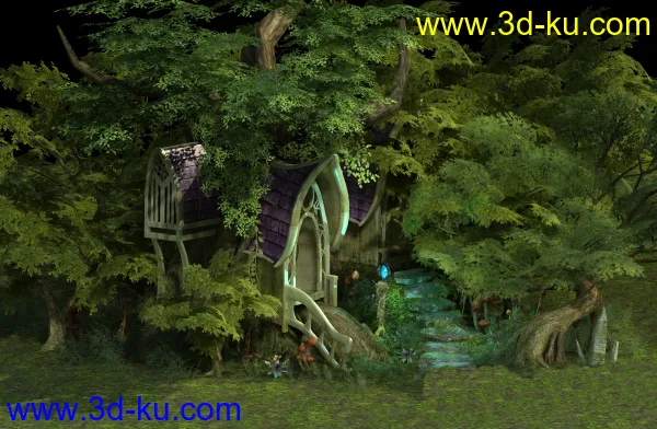 一个游戏场景，树林，小屋，假山模型的图片1