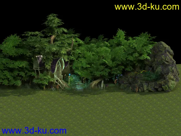 一个游戏场景，树林，小屋，假山模型的图片2