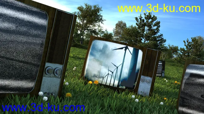 草地上的电视机,带150帧动画模型的图片1
