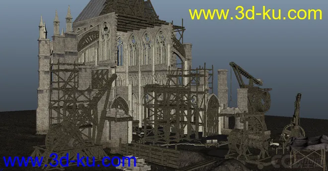 经典建筑——西方古建教堂 废墟 维修场景 欧式维修建筑 中世纪维修设施模型的图片1