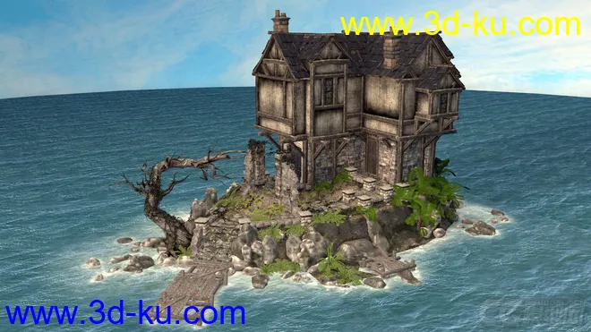 古建系列——中世纪房子 湖中房 孤岛房 海岛老房子 科幻大海漂浮屋 幻想世界模型的图片2