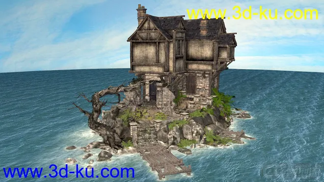 古建系列——中世纪房子 湖中房 孤岛房 海岛老房子 科幻大海漂浮屋 幻想世界模型的图片3