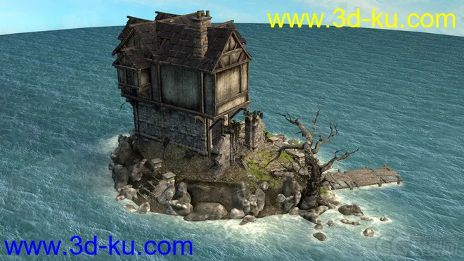 古建系列——中世纪房子 湖中房 孤岛房 海岛老房子 科幻大海漂浮屋 幻想世界模型的图片4