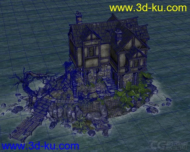 古建系列——中世纪房子 湖中房 孤岛房 海岛老房子 科幻大海漂浮屋 幻想世界模型的图片5
