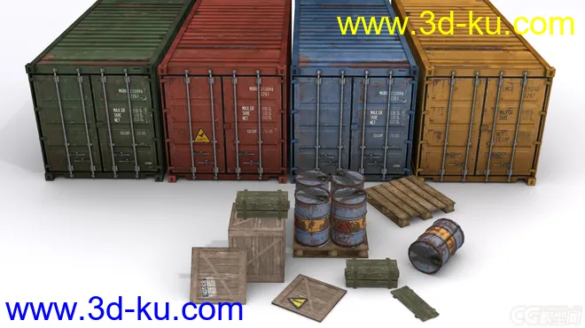 集装箱 油桶 木箱 木板 货轮道具 写实集装箱模型的图片1