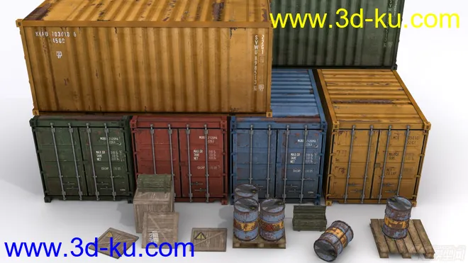 集装箱 油桶 木箱 木板 货轮道具 写实集装箱模型的图片2