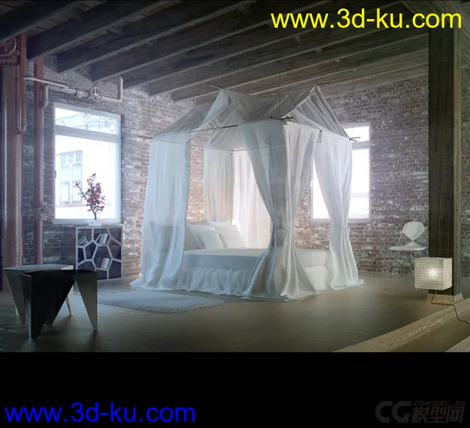 漂亮的别墅卧室内景，吊床，艺术空间装饰风格内室模型的图片1