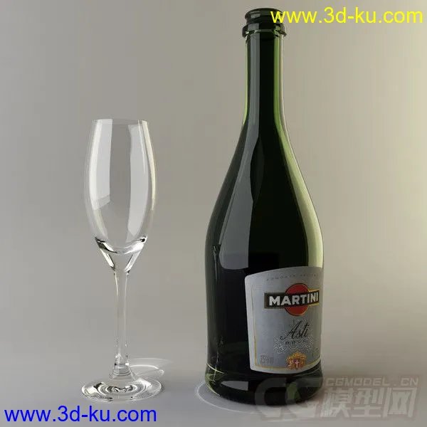 马蒂尼-阿斯蒂红酒酒瓶酒杯模型的图片3