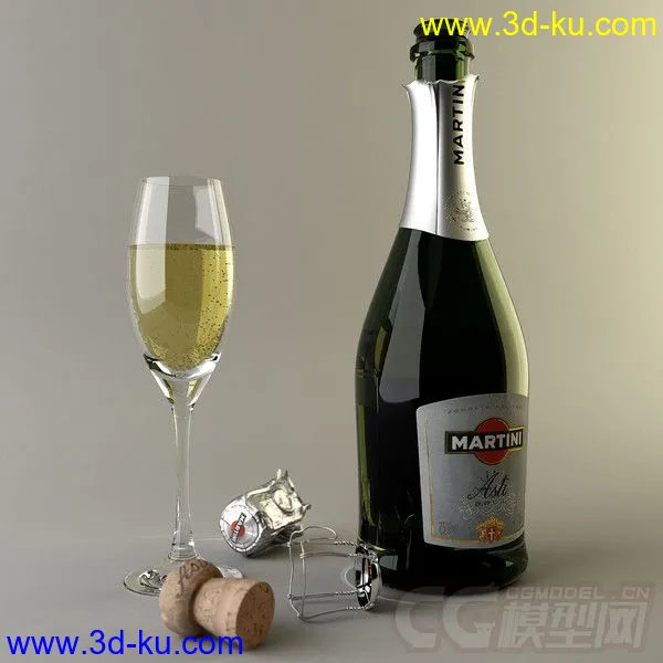 马蒂尼-阿斯蒂红酒酒瓶酒杯模型的图片4