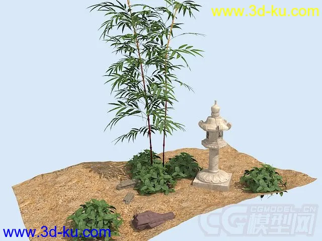 竹子，塔，草丛沙地模型的图片1