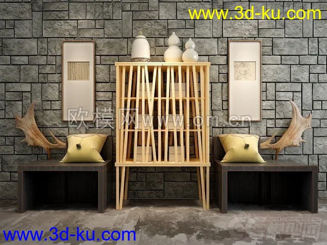 新中式木雕羊角椅子柜子组合模型的图片1