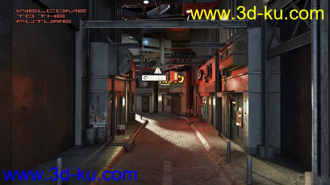 Sci-Fi Black Market Alley科幻黑市巷街道建筑，路灯,商店模型的图片5