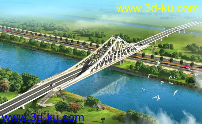 场景 模型下载  max  斜拉桥 创意桥设计 白天的图片1