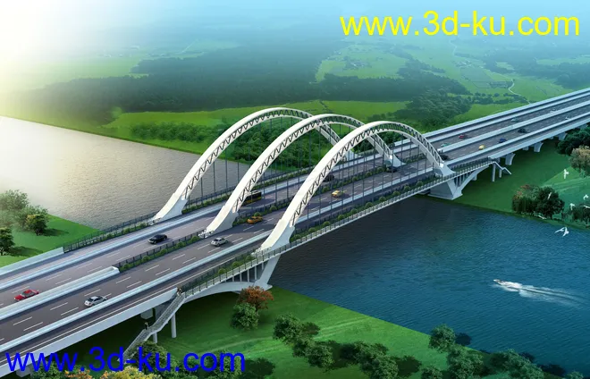 天桥 场景 模型下载  max  创意桥设计 白天 蓝天 河的图片3