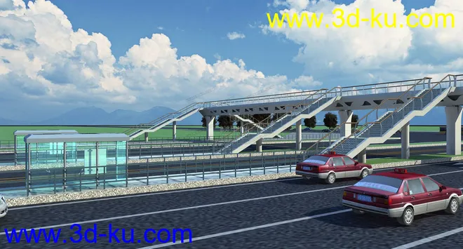 天桥 场景 模型下载  max  创意桥设计 白天 蓝天 河的图片4