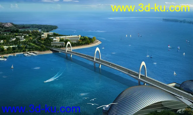 公路 场景 模型下载  max  创意桥设计 白天 蓝天 河的图片2