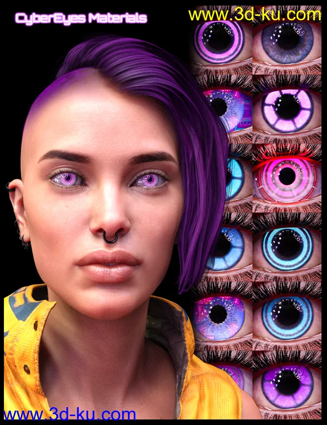 M3D CyberPunk Hair, Eye and Earrings for Genesis 8 and 8.1 Females模型的图片3