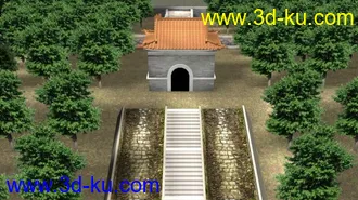 3D打印模型一组古代建筑 庙 山门 桥 河 墓碑 台阶 树 草坪 坟头等 贴图都还不错的图片