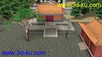 3D打印模型一组古代建筑 庙 山门 桥 河 墓碑 台阶 树 草坪 坟头等 贴图都还不错的图片