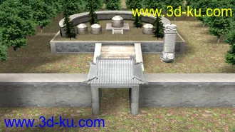 3D打印模型一组古代建筑 庙 山门 桥 河 墓碑 台阶 树 草坪 坟头等 贴图都还不错的图片