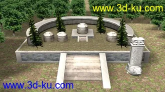 3D打印模型一组古代建筑 庙 山门 桥 河 墓碑 台阶 树 草坪 坟头等 贴图都还不错的图片