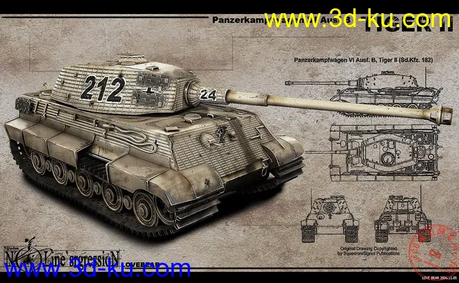 高模Panzerkampfwagen VI Ausf E Tiger II MAYA+MAX模型的图片1