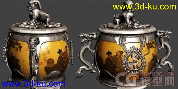 次时代模型之一个古董,古代壶状的金属装饰品,上面有狮子和龙的图片2