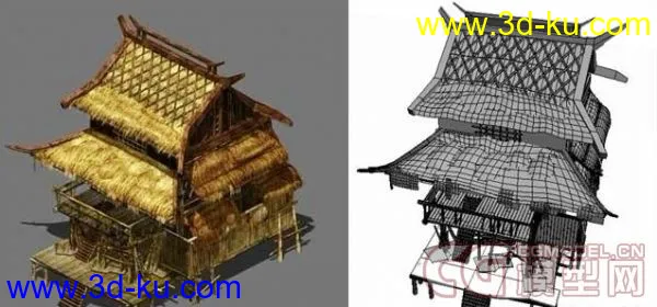 游戏场景模型之一个2.5D古时的茅草屋楼房的图片1