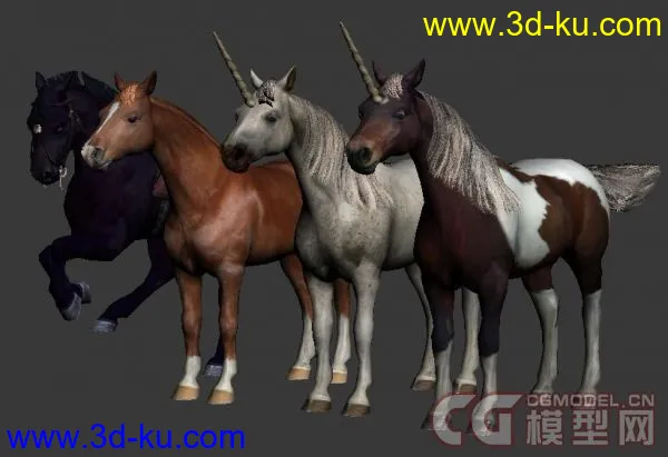 各种已绑定的带动画的次时代马和独角兽3D模型的图片3
