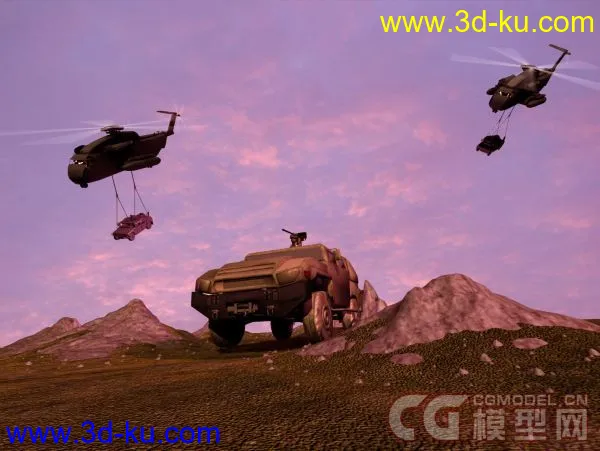 山地空降  直升机，越野车，山地模型。的图片1