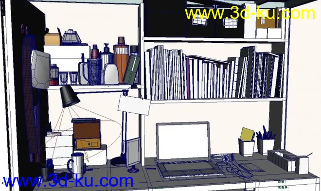 宿舍上床下桌maya模型下载！有书本,电脑,耳机,笔筒,台灯,杯子,相框等道具maya模型下载的图片1
