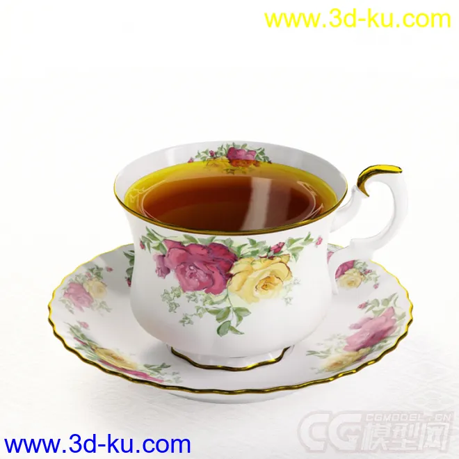 撑着绿茶的玫瑰花纹茶杯茶具高精度写实模型的图片1