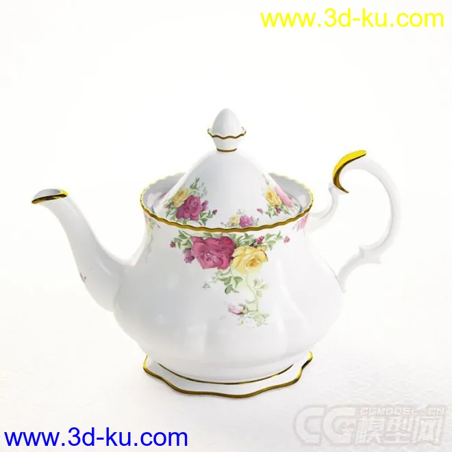玫瑰花纹青花瓷茶壶茶具写实高精度模型的图片1