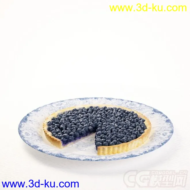 盛着蓝莓披萨的青花瓷盘子碟子碗的高精度写实模型的图片1