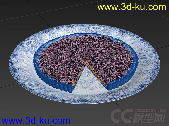 盛着蓝莓披萨的青花瓷盘子碟子碗的高精度写实模型的图片2