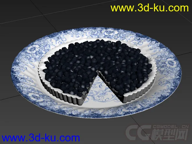 盛着蓝莓披萨的青花瓷盘子碟子碗的高精度写实模型的图片3