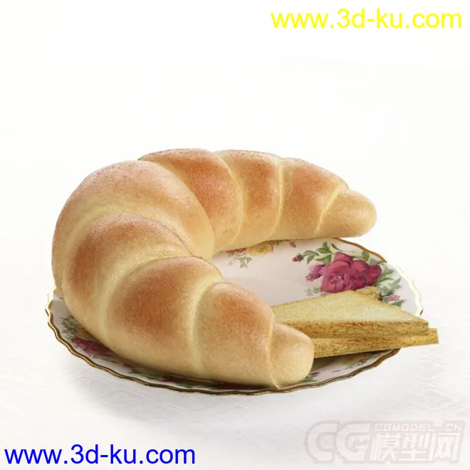 盛着面包的玫瑰花纹盘子高精度写实模型的图片1