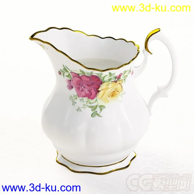 斜口大口玫瑰花纹茶壶茶具高精度金边青花瓷写实模型的图片1