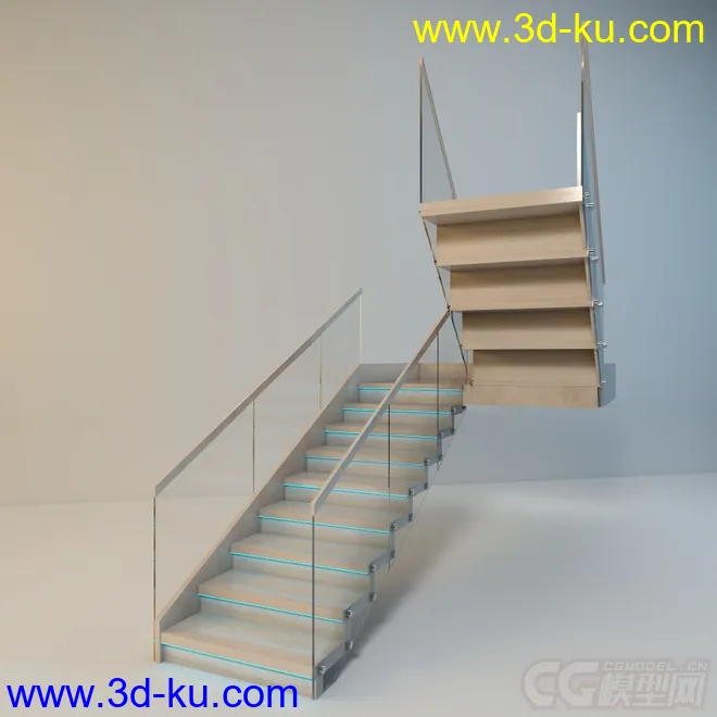 简洁的木质+玻璃扶梯模型的图片1
