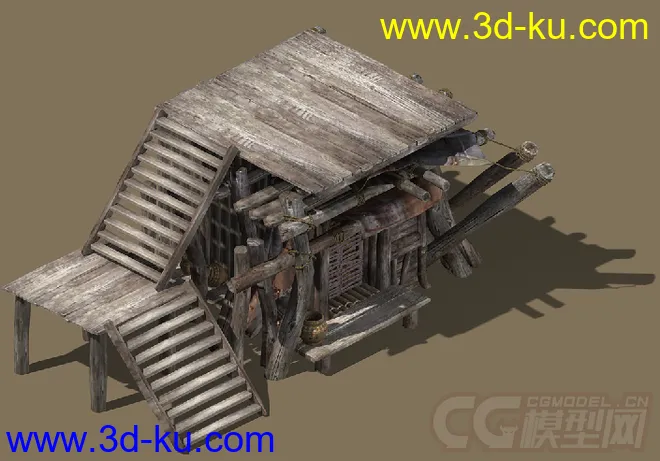 古代木质结构平顶房子3D模型免费下载的图片1
