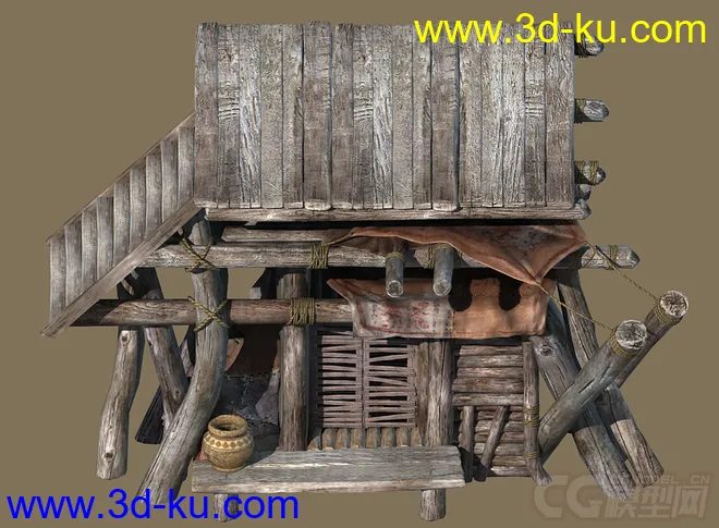 古代木质结构平顶房子3D模型免费下载的图片2