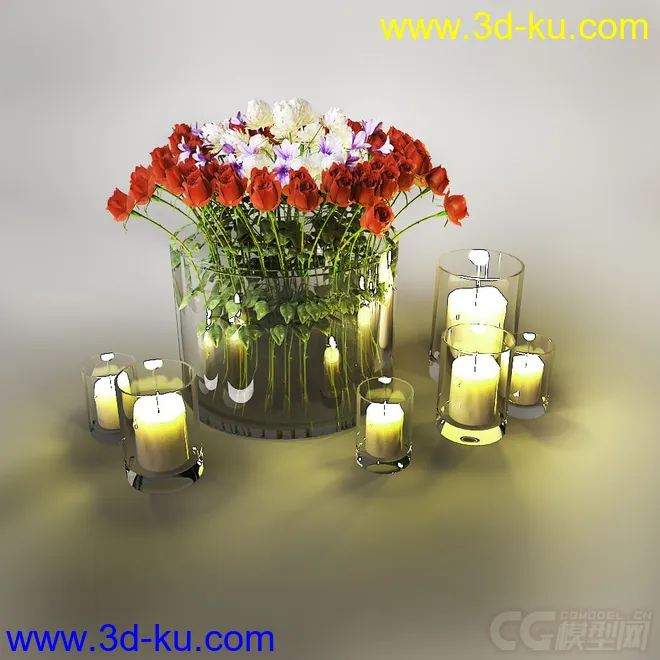 一捧玫瑰花跟蜡烛灯模型的图片1