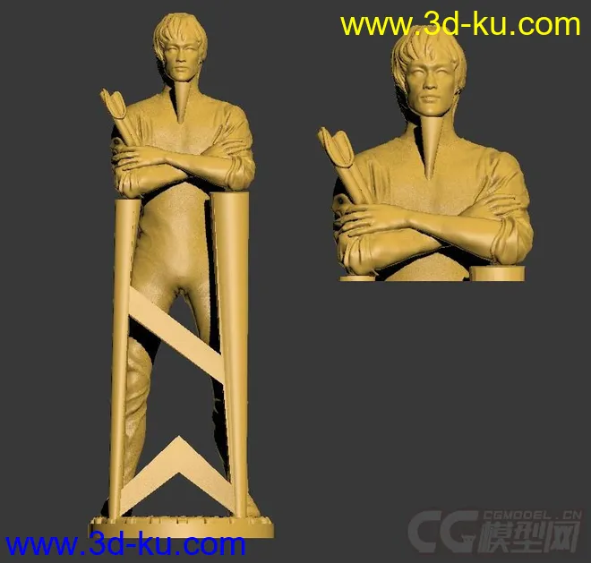 精细的3D打印模型，李小龙带支撑，功夫，双节棍，内含STL源文件，可用于3D打印的图片2